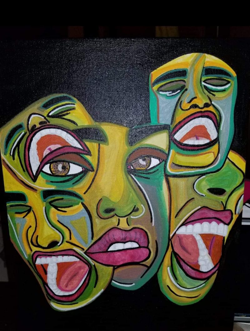 Painting of green and blue faces, some of which are screaming, interlacing over a black background.