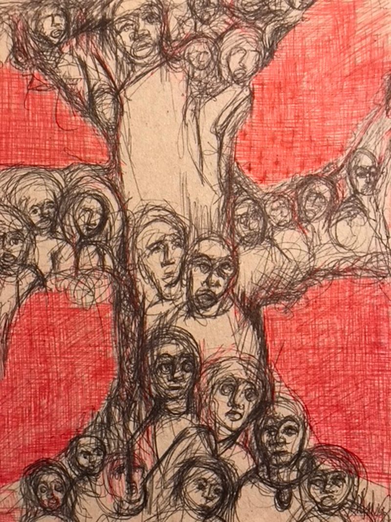 Drawing of many heads arranged in the shape of branches on a tree