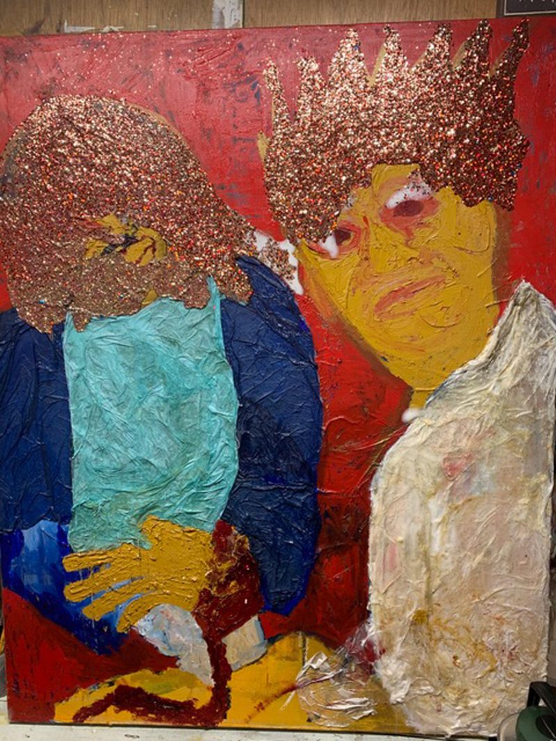 Painting and collage of two figures with sparkly hair. 