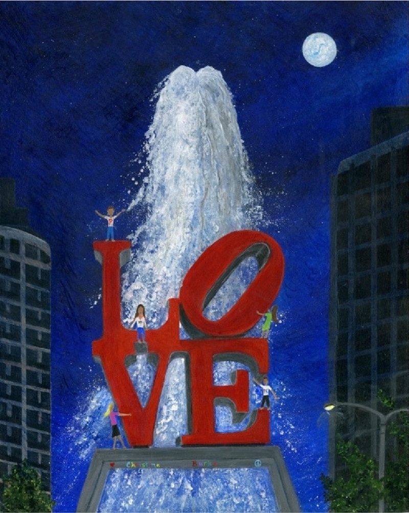 Painting of Robert Indiana's Love Statue in love park with a fountain flowing behind it.