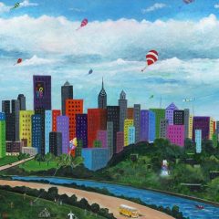 Painting of the philadephia skyline with red and white balloons floating into the sky.