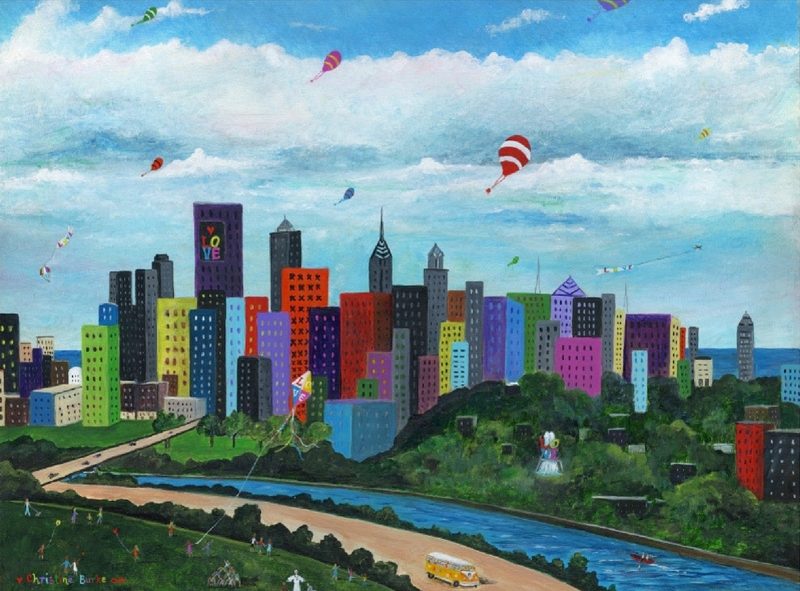 Painting of the philadephia skyline with red and white balloons floating into the sky.