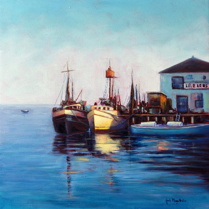 Painting of boats near a dock on a calm sunny day.