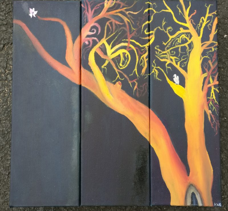 Painting on three vertical rectangular patterns. A tree growing onto all three panels.