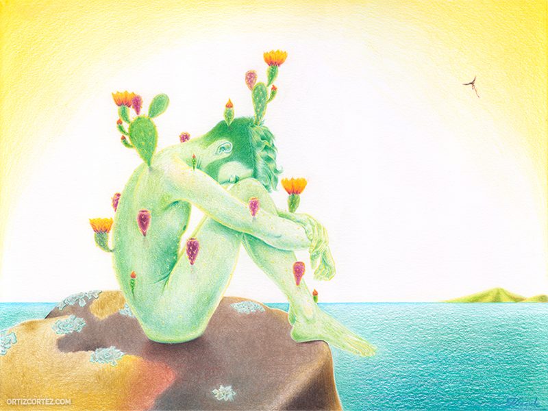 Color drawing of a green toned man with plants sprouting out of his body sitting on the edge of a cliff overlooking blue water with his head in between his knees.
