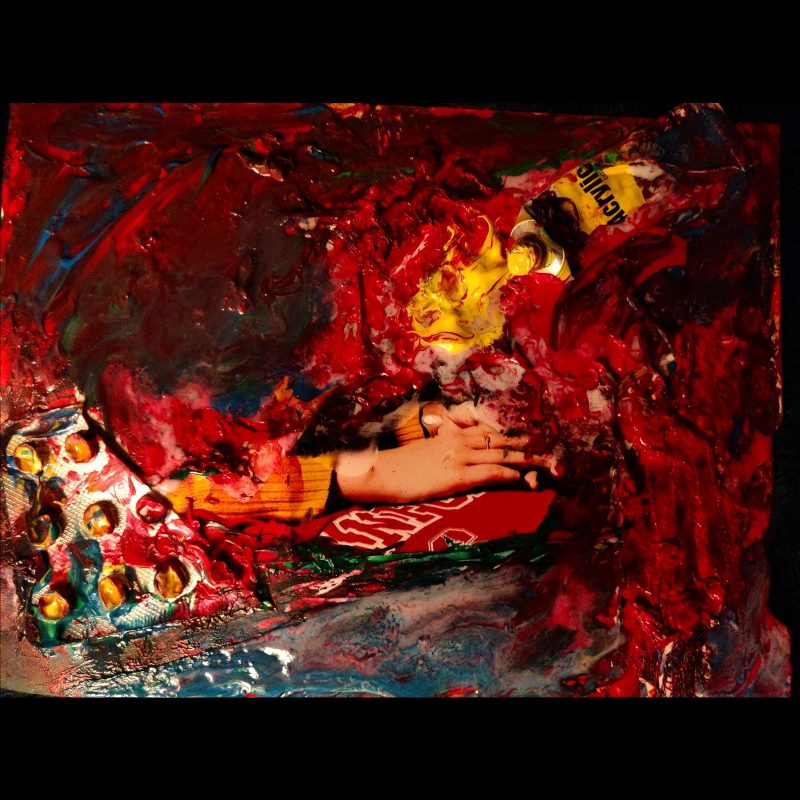 Abstract red background with two hands emerging out of the red masses and a yellow paint tube leaking yellow down the canvas.