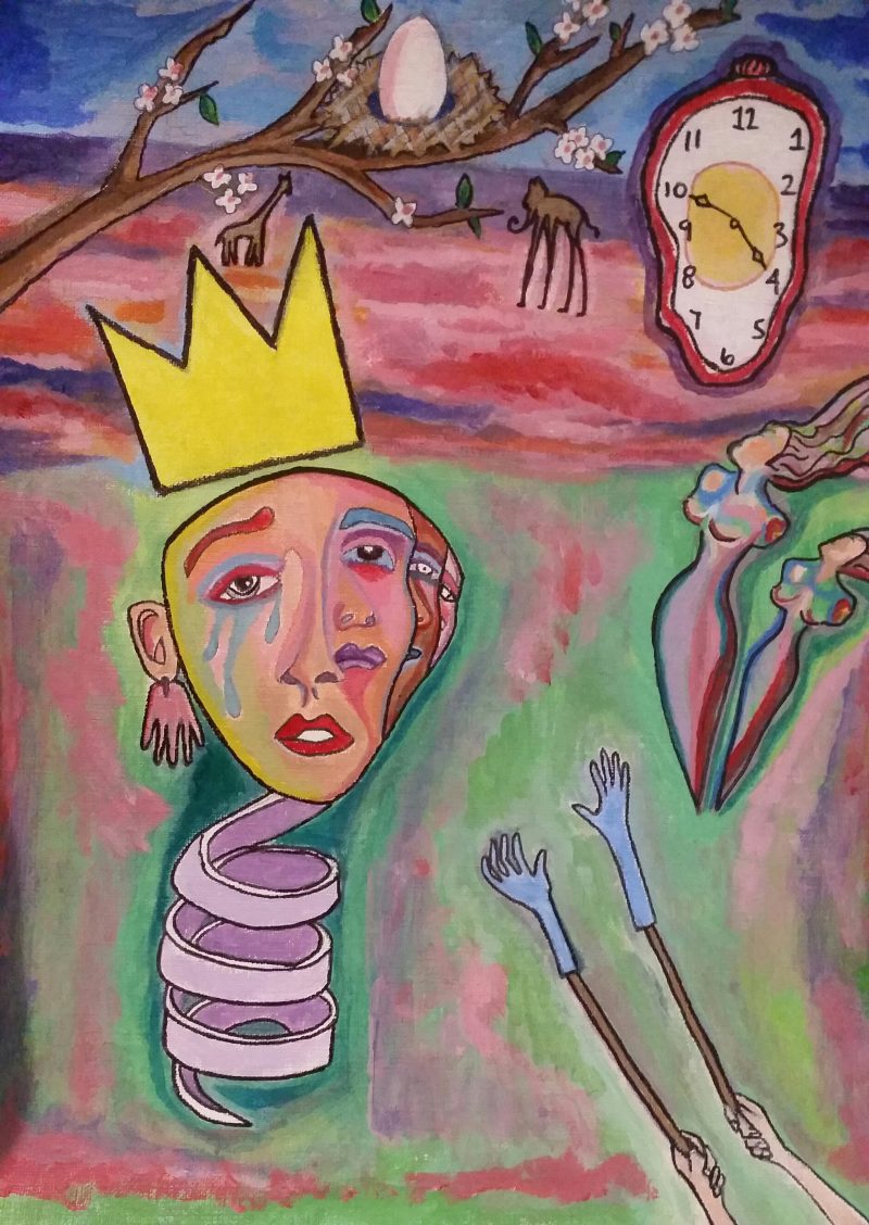 Drawing of a figure wearing a crown whose body is a spiraled piece of paper, in front of a panel background with a melting clock, referencing Salvador Dali's"The Persistence of Memory"