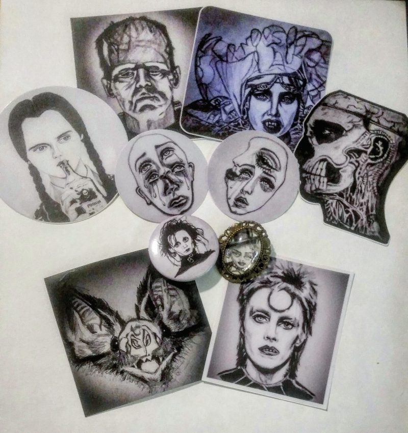 Portraits of Frankenstein, David Bowie, and other pop culture icons in button format.