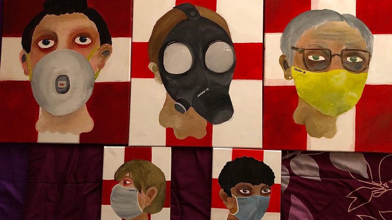 Portraits of multiple people wearing masks on red and white checkered backgrounds.
