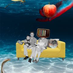 Collage of people sitting on a yellow couch underwater. One of the figures has an old TV on their head.