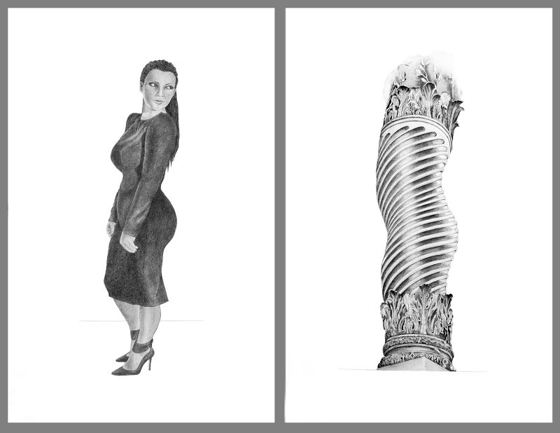 Two panel drawing, on the left, a Kardashian, on the right a sculpture by Bernini.