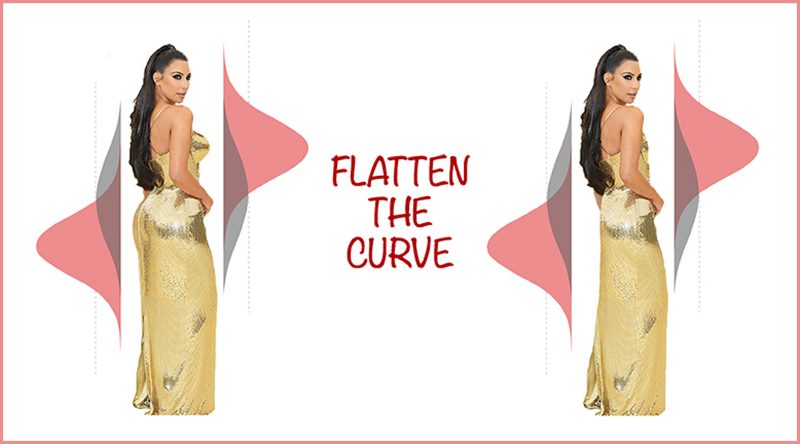 Digital collage, text: "Flatten the Curve" surrounded by two graphs and pictures of Kim Kardashian.