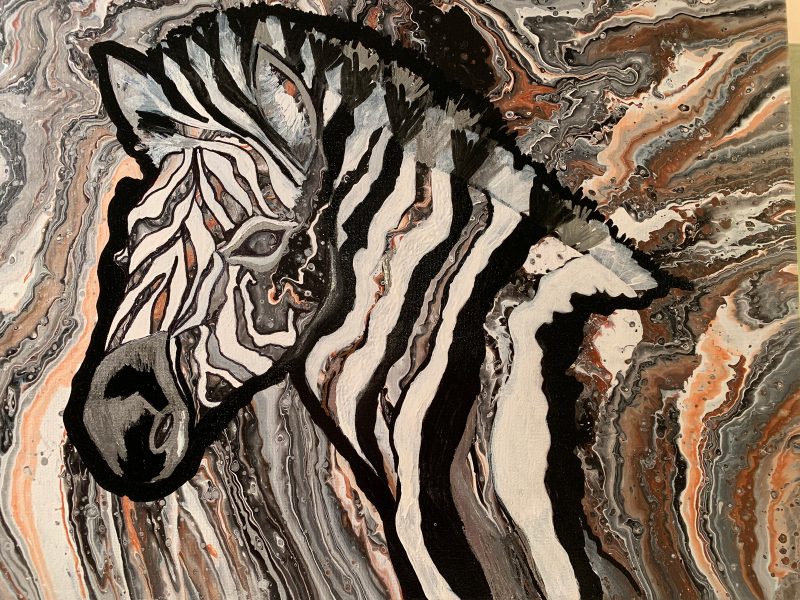 Painting of a zebra with a marble-like pattern in the background.