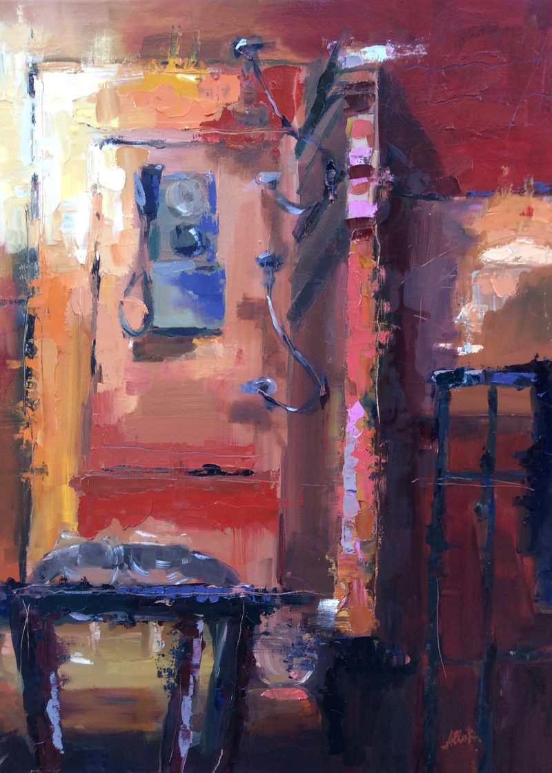 Oil painting of a phone booth in a restaurant in Lyon.