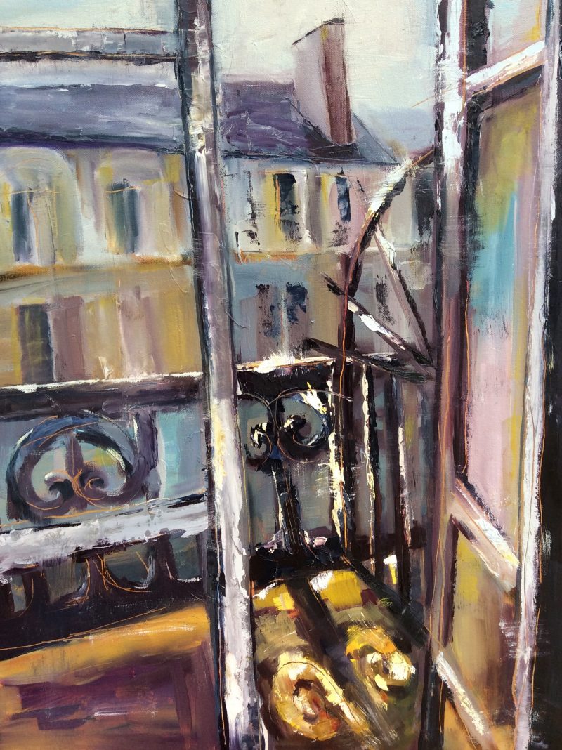 Oil painting of an open door leading to a balcony that overlooks other residential buildings.