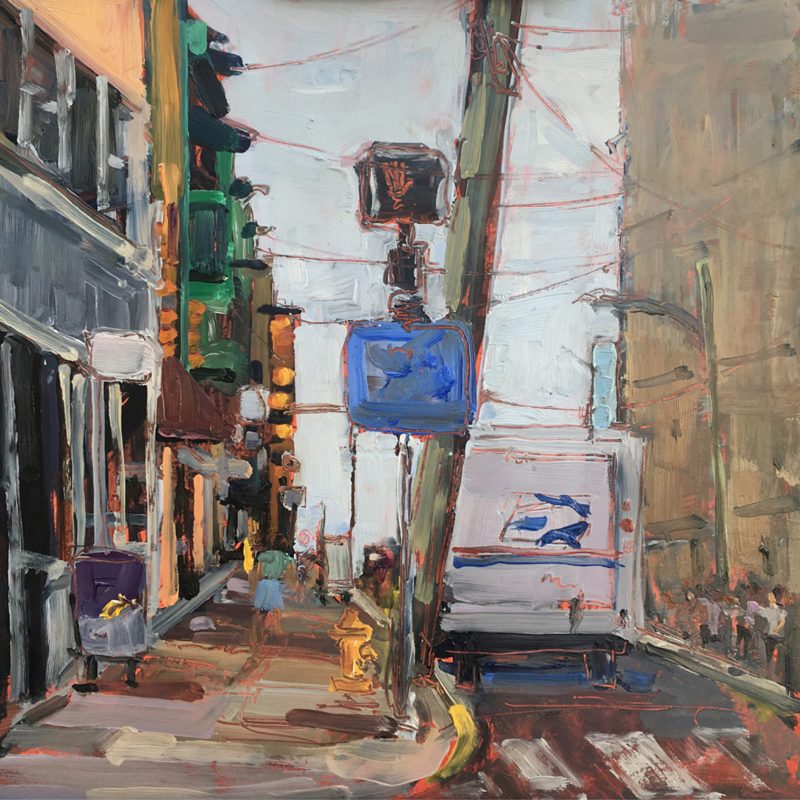 Painting of a city block with a postal truck parked on it.