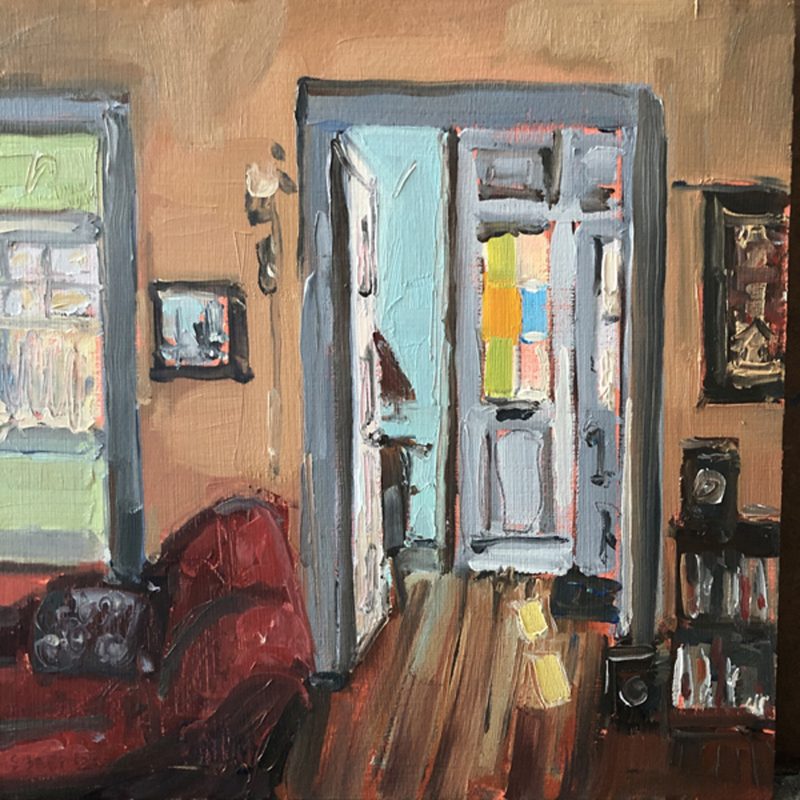 Painting of a living room with art on the walls and an open doorway towards another blue room.