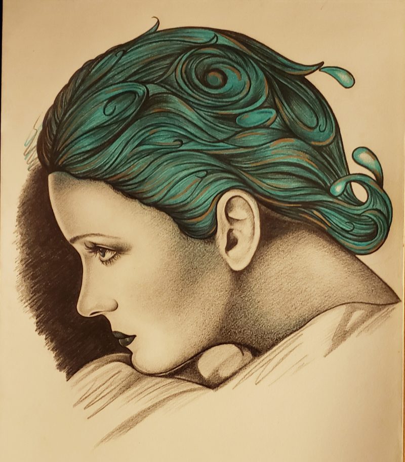 Graphite drawing of a woman with aqua colored hair with her chin on her arms facing the left end of the paper