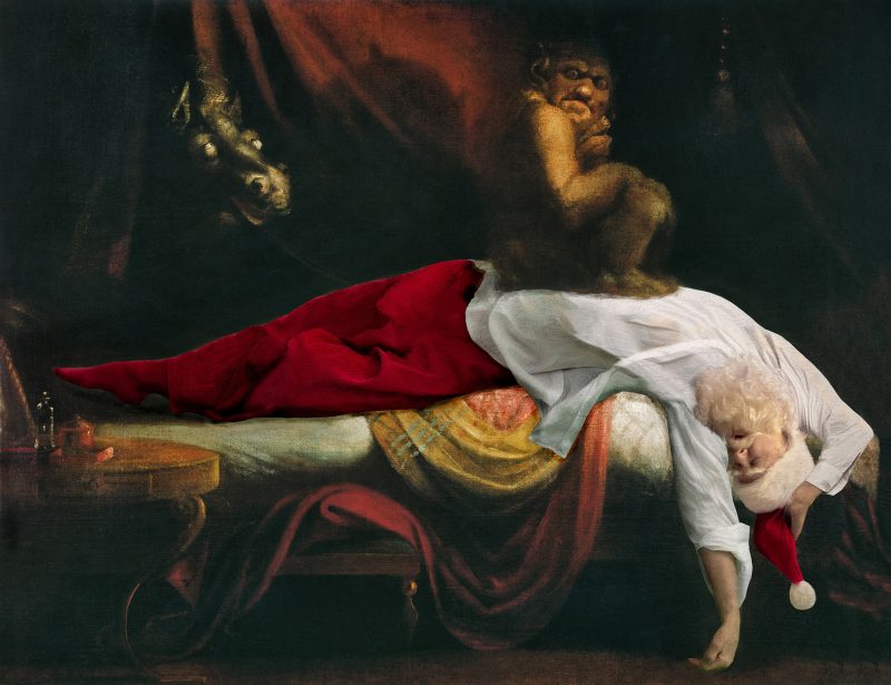 Painterly image of Santa Clause laying on his back on a futon and his head overstretched over the edge of the futon. There is a devilish little figure sitting on his stomach.
