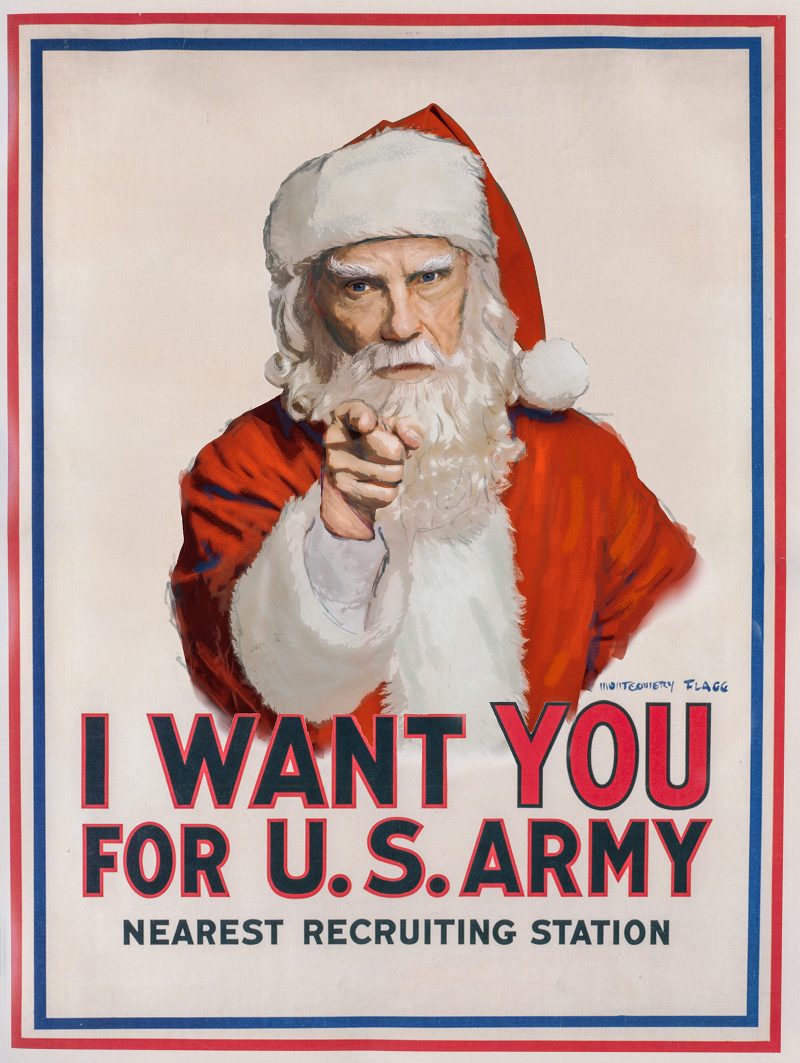 Painterly image of Santa Claus pointing at the viewer on an off-white background with red white and blue borders. His face is in the style of "Uncle Sam." Text says "I WANT YOU FOR U.S. ARMY NEAREST RECRUITING STATION"