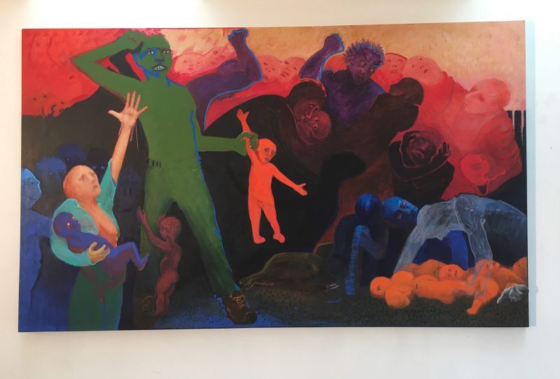 Painting with a red background with adult figures painted in various colors like purple and green holding children. The male-like figures are hitting or holding the children aggressively while the female-like characters are nurturing the children.