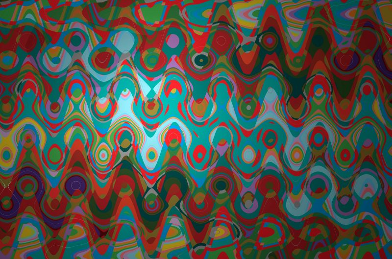 Abstract painting of triangular and circular patterns with a central focal point that seems to be illuminated