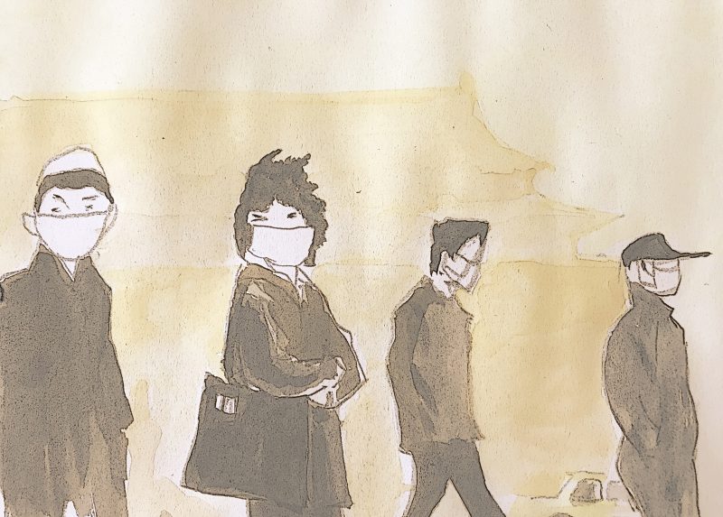 Drawing of four figures on what appears to be a street, all of which are wearing fast masks.