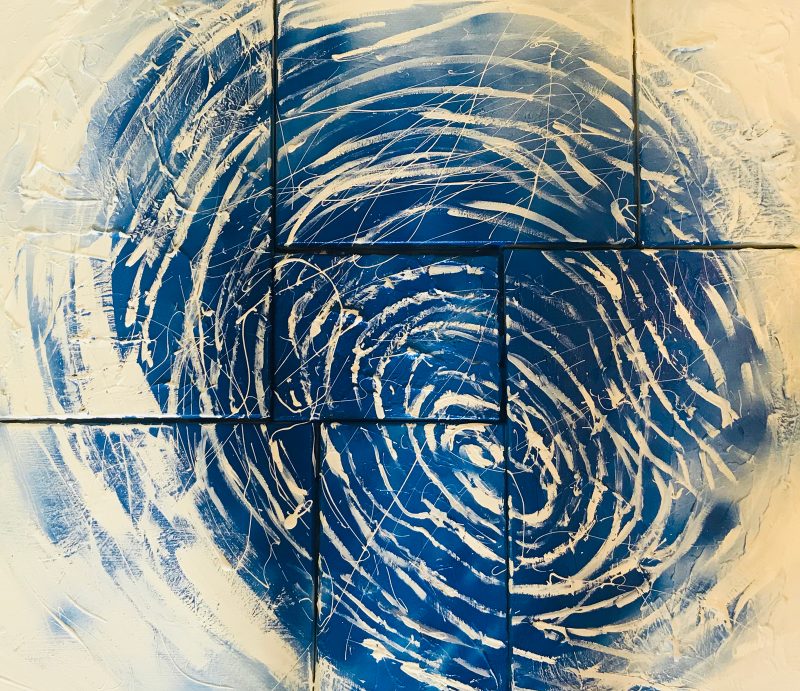 Multiple canvases tiled into a square with a large fingerprint painted on it in blue.