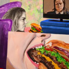 Painting of a woman eating a cheeseburger and watching the movie Pulp Fiction.