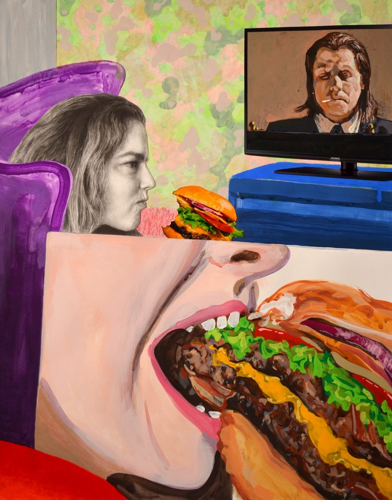 Painting of a woman eating a cheeseburger and watching the movie Pulp Fiction.