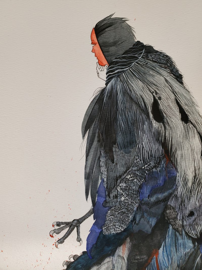 Drawing of a figure covered in feathers. 