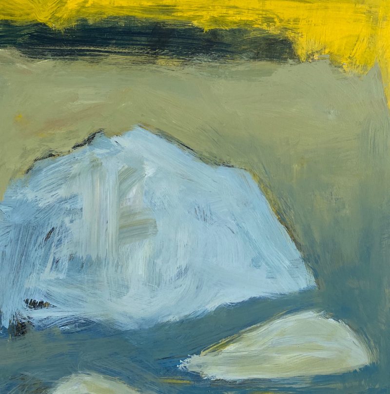 Blue, yellow and green abstract painting with ambiguous shapes in foreground