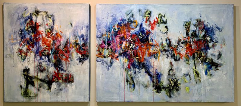 Two-panel abstrat painting in bright colors on white background