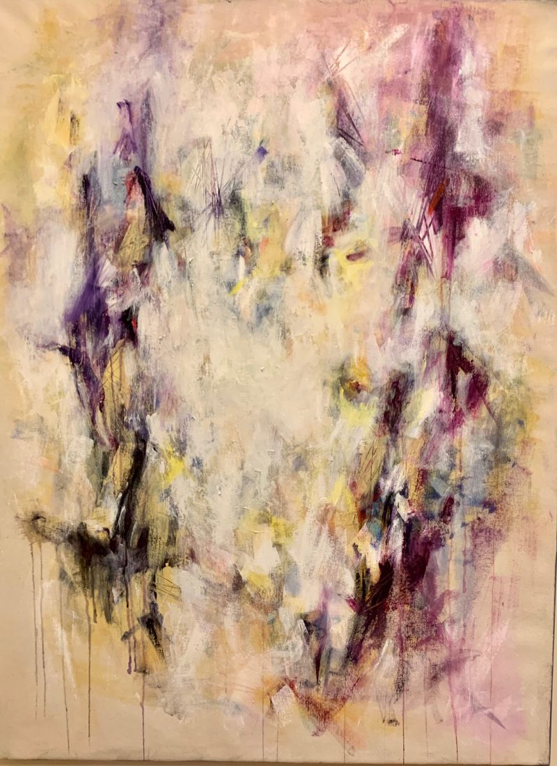 Abstract painting, off-white with pink, purple, yellow highlights