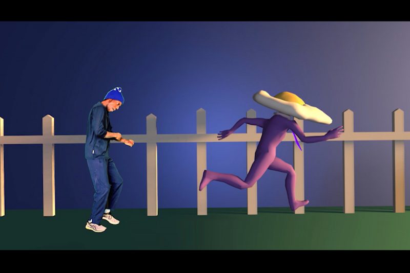 Digital illustration, figure running and figure standing next to picket fence