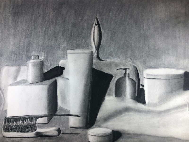 Charcoal drawing of objects on a shelf