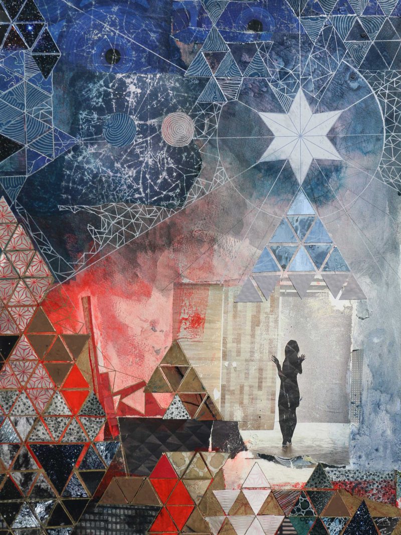 Painting of a woman walking in the night with decorative shapes and triangular patterns collaged.
