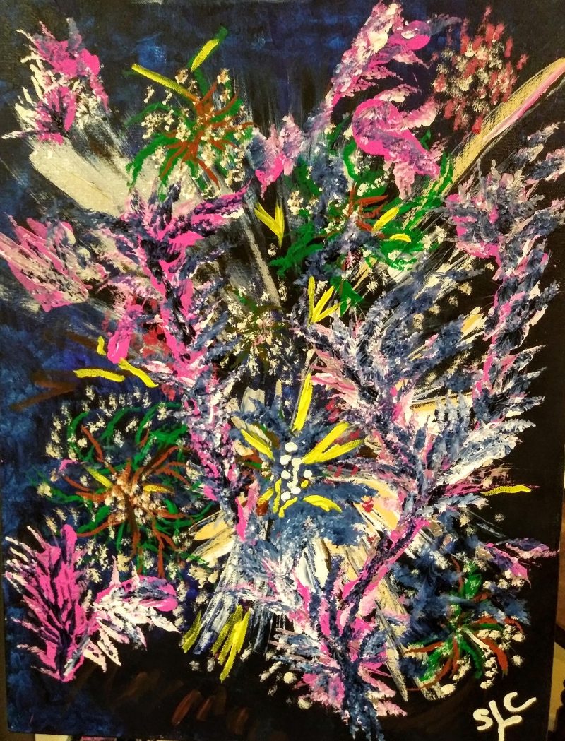 Gestural painting of pink, green, and yellow flowers in a bouquet. 