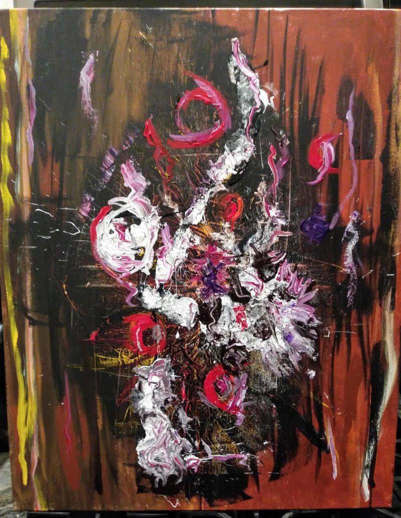 Abstract painting with thick active blobs of paint centered around the middle of the canvas on a board.