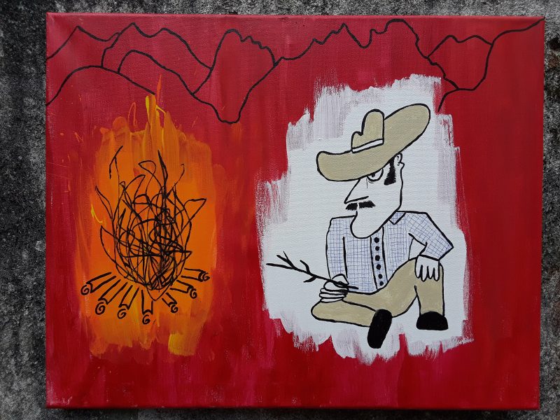 cartoonish drawing of a cowboy-esque man sitting near a fire with mountains in the background. 