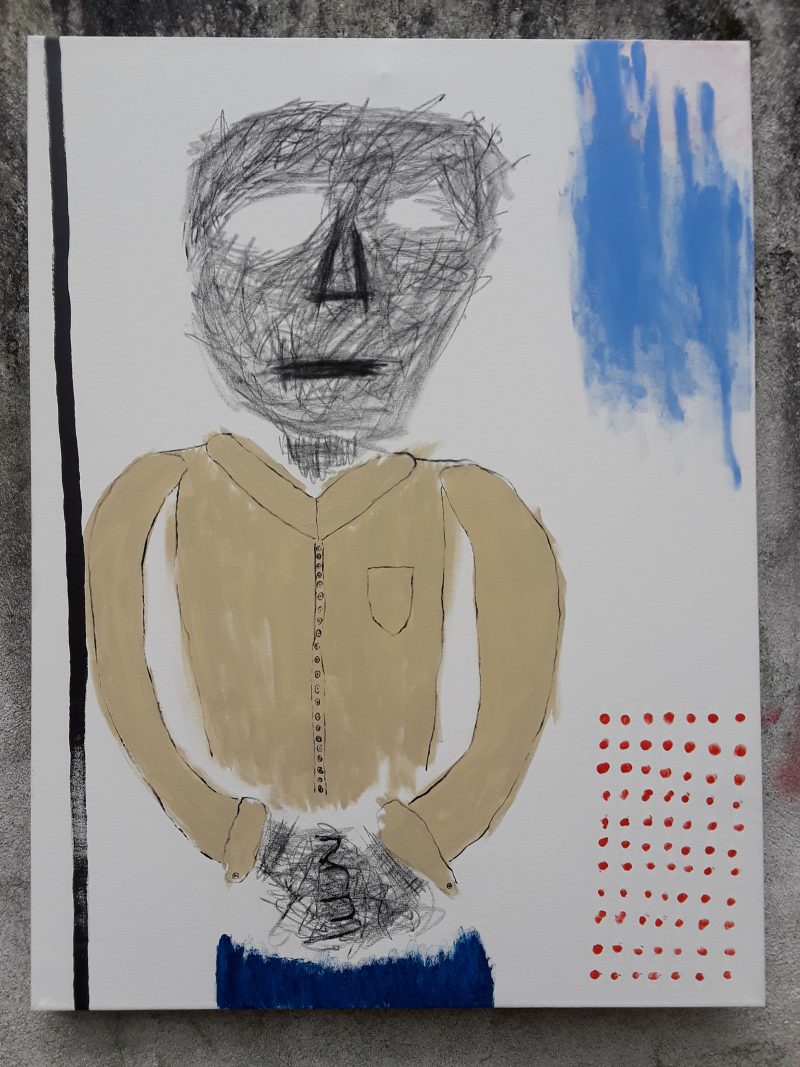 Scribbly drawing of a man in a tan shirt on a white background with some blue strokes and red dots.