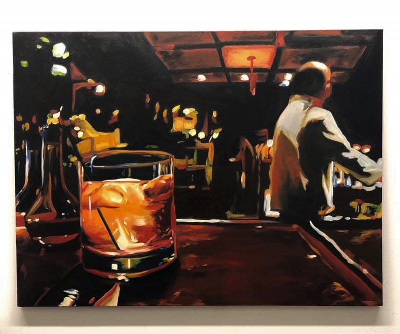 Paintings of a cocktail sitting on a bar with the bartender in the background making drinks.
