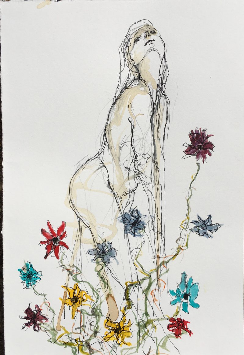 Drawing of a nude figure (female bodied) sprouting out of colorful flowers.