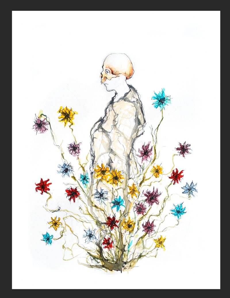 Drawing of a figure sprouting out of colorful flowers.
