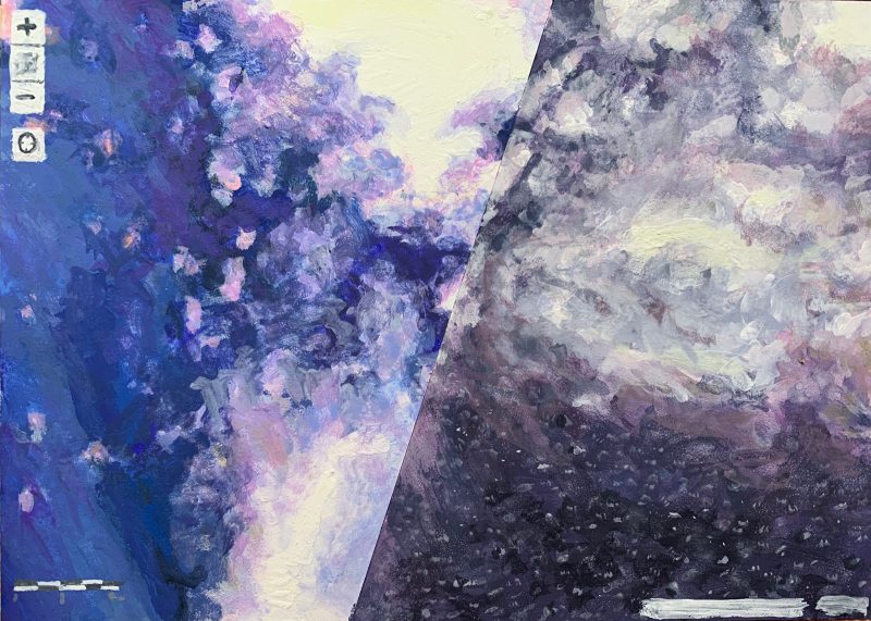 Drawing of what seems to be outer space with a website navigation bar on the left