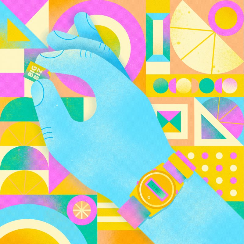 Digital rendering of a blue hand wearing a watch with decorative patterns in the back