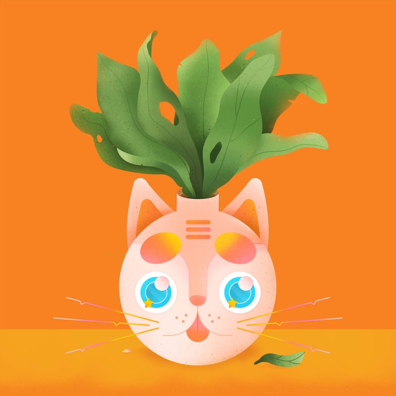 Digital rendering of a vase that is a cat's head with plants coming out on an orange background.