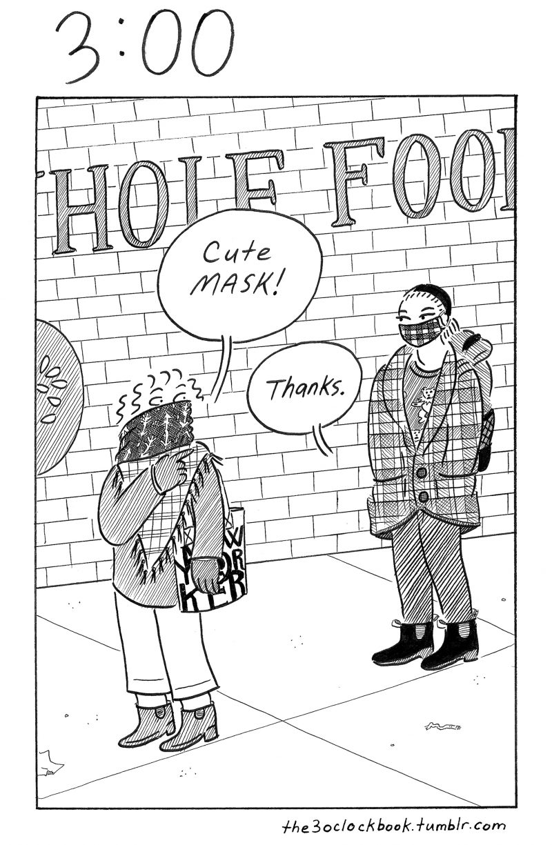 black and white comic, two women wearing masks, standing in line outside a grocery store, one comments on the other's mask
