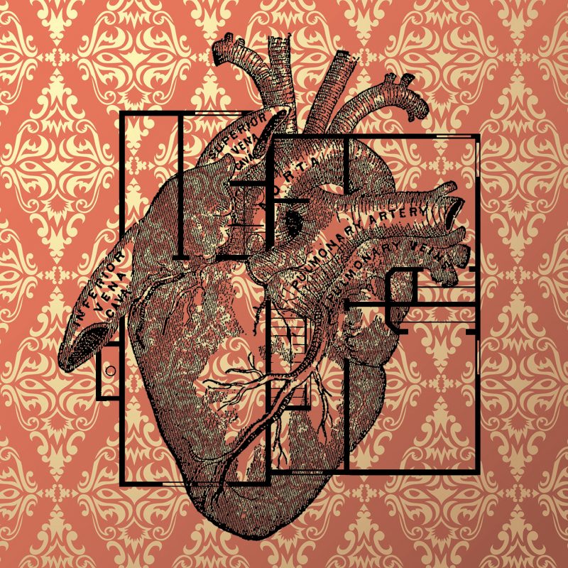 Decorative wallpaper background with the image of a heart and a blueprint of a home stack on top.