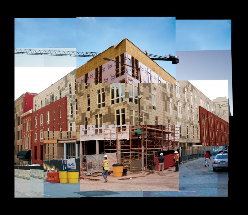 Collage of a building in different stages of development from start to finish forming the final shape of the building.